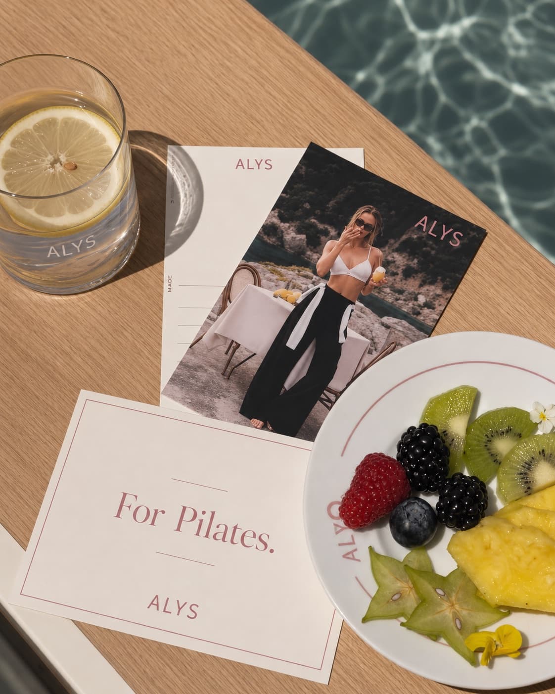 For Pilates — poolside still life with ALYS stationery