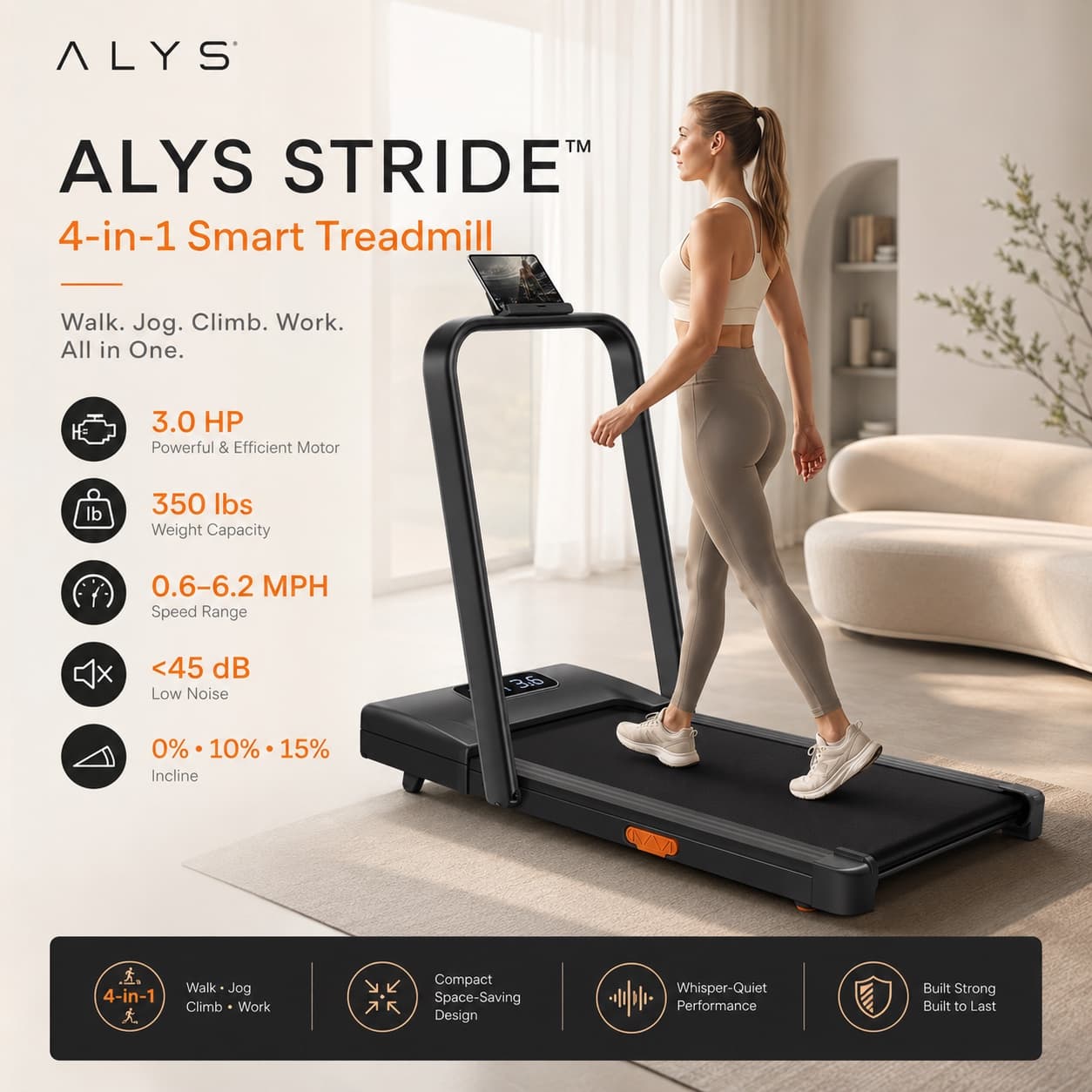 ALYS STRIDE official creative — treadmill in warm minimal living room