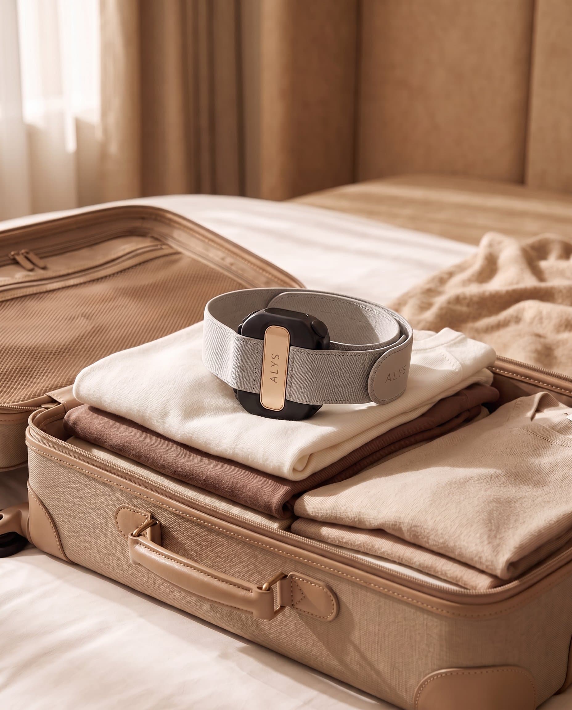 ALYS CORE in hotel room with open suitcase, travel editorial