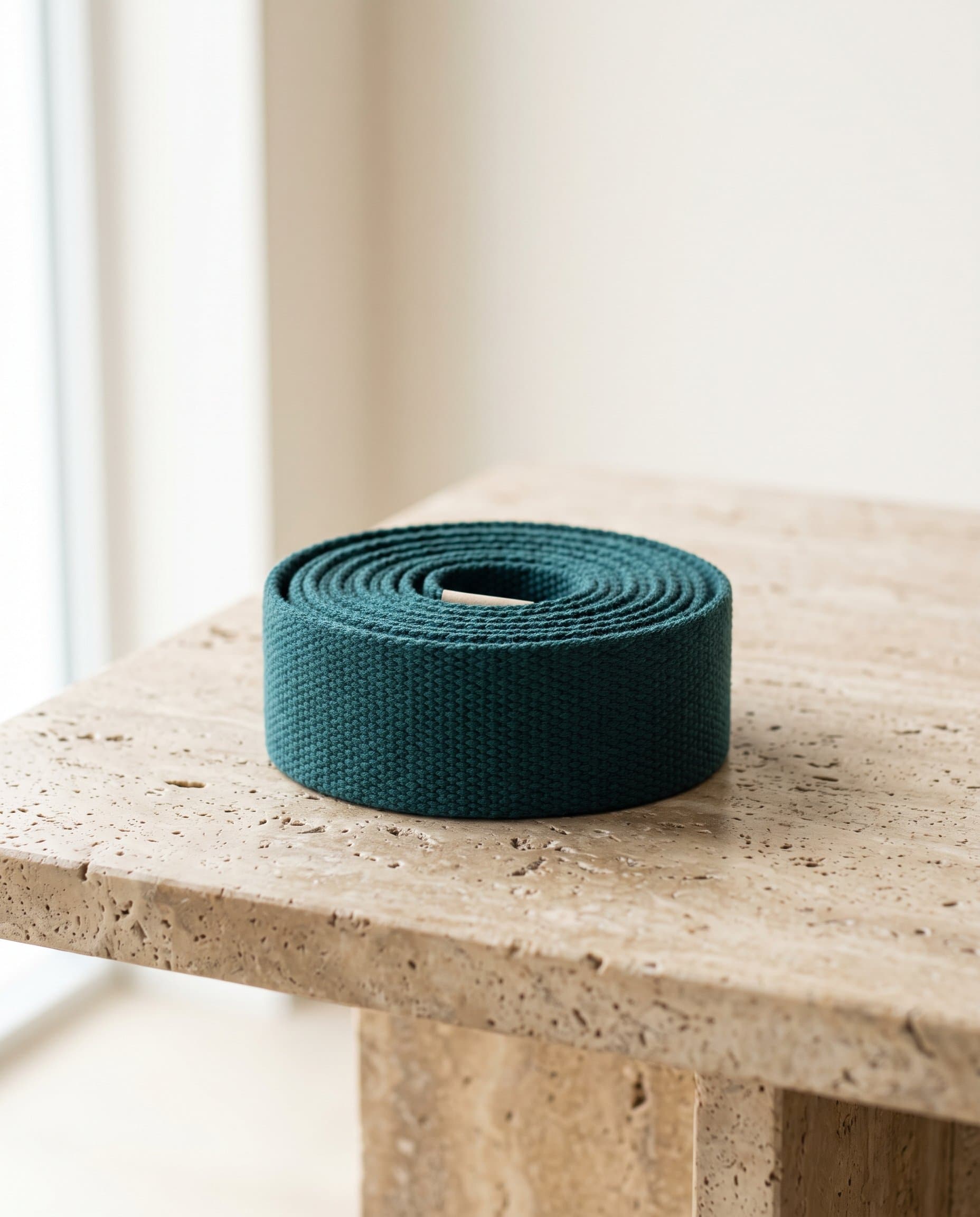 Recovery strap coiled on stone surface, soft light