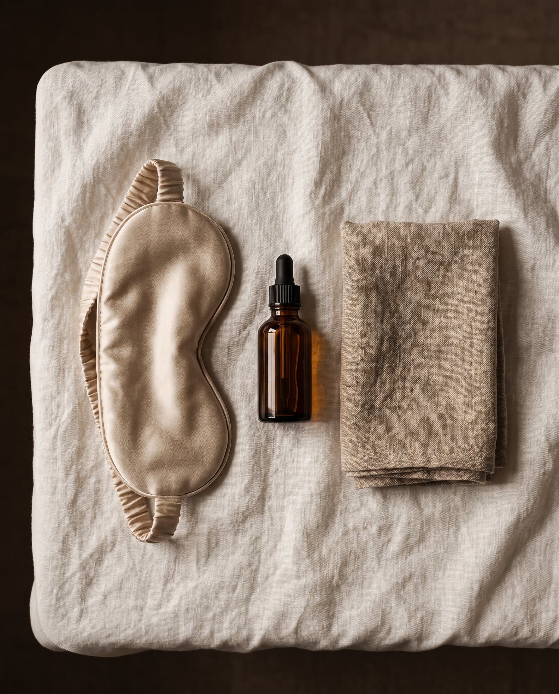 Rest ritual set styled on linen bedding, dusk light